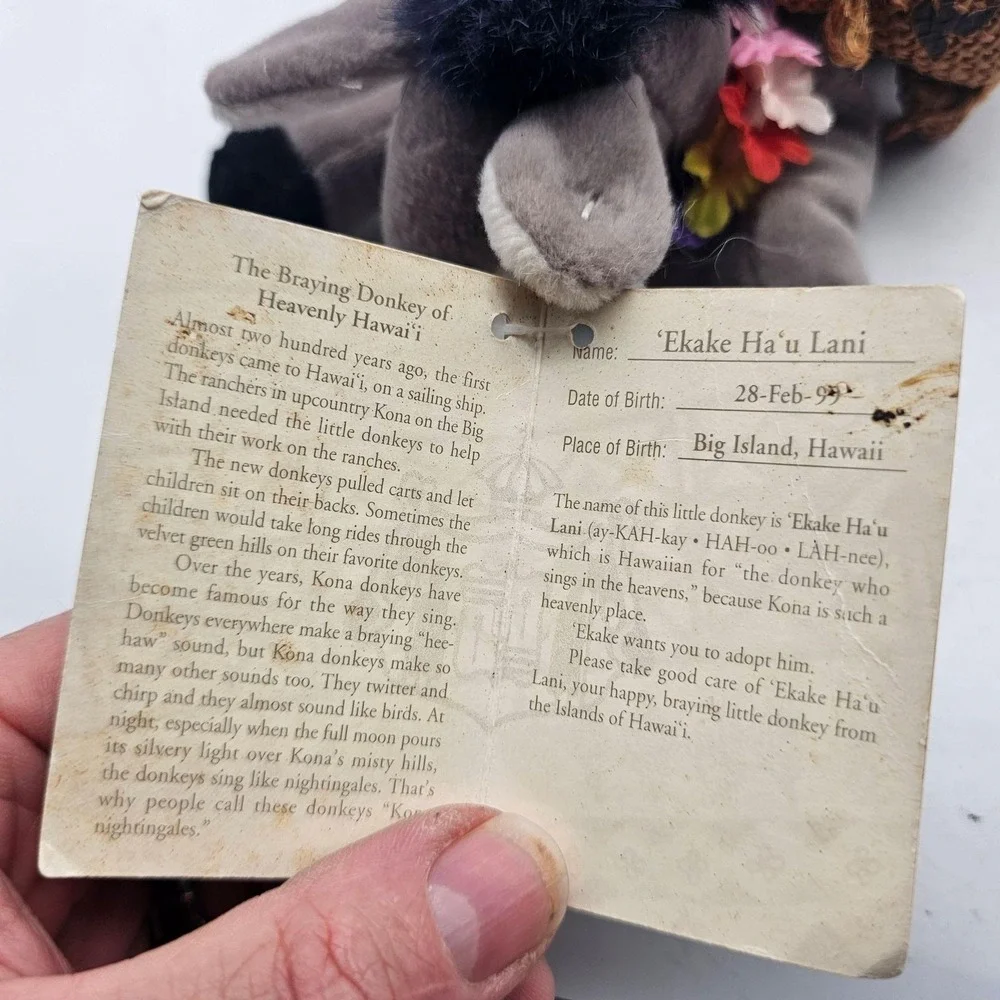 Vintage Hawaiian Collectibles Donkey Plush Stuffed Toy Small Gray Passport 1999